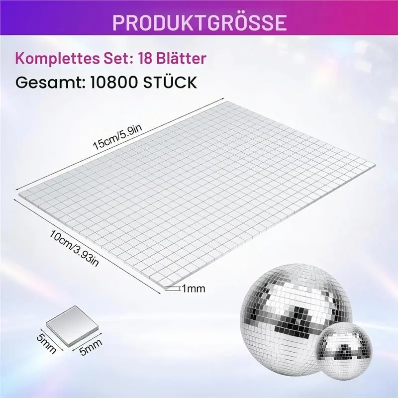 AT19-Self-Adhesive Mirror Mosaic Tiles-Pack Of 10800 5 X 5 Mm Mini Square Disco Ball Strips 18 Sheets view 6