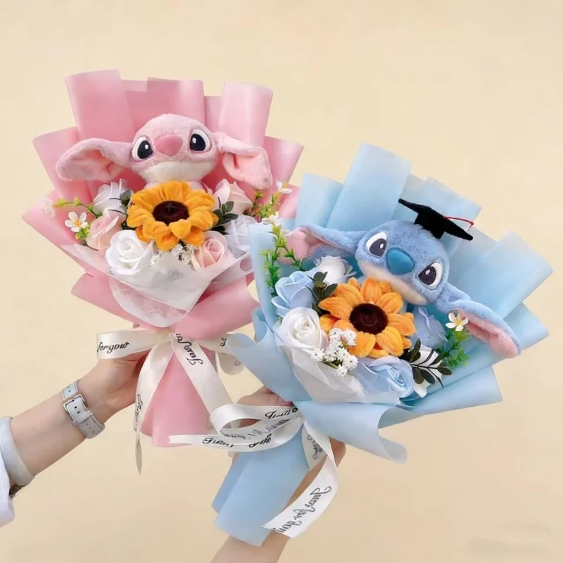 

Плюшевая игрушка-кукла Стич с цветами, креативный букет ручной работы, мягкие игрушки-животные, подарок на День святого Валентина, Рождество, выпускной