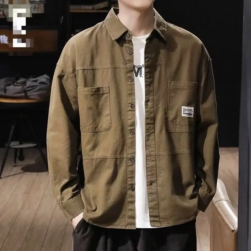 

Мужская рабочая рубашка-куртка в американском ретро-стиле с длинным рукавом, модная верхняя одежда, удобная, дышащая, из полиэфирного волокна, повседневная рубашка