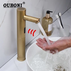 OUBONI Sensor Bathroom Basin Faucet Antique Brass Automatic Inductive Faucets Touchless Solid Brass Hot Cold Mixer Taps