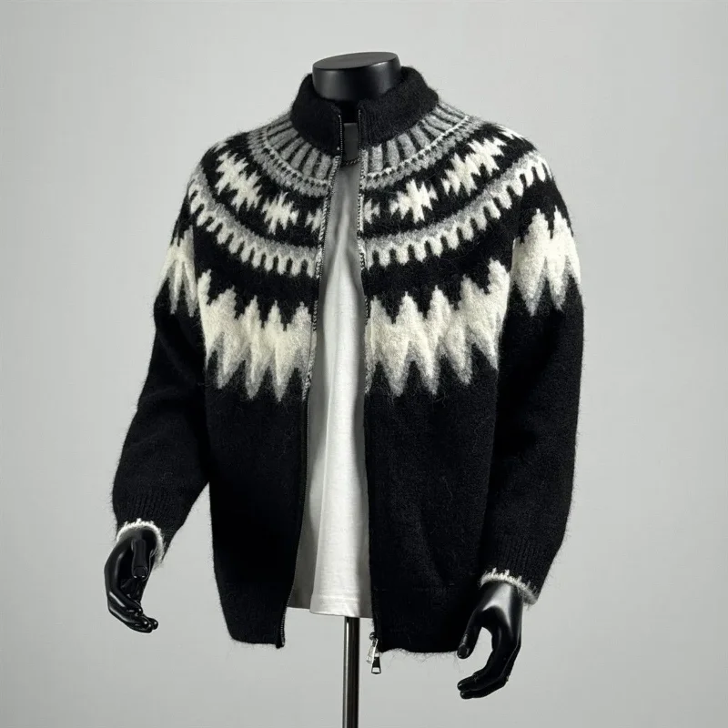 Men's Burgundy Knit Cardigan Stand Collar American Retro Jacquard Pattern Full-Zip Lazy Style Winter Casual Knit Coat
