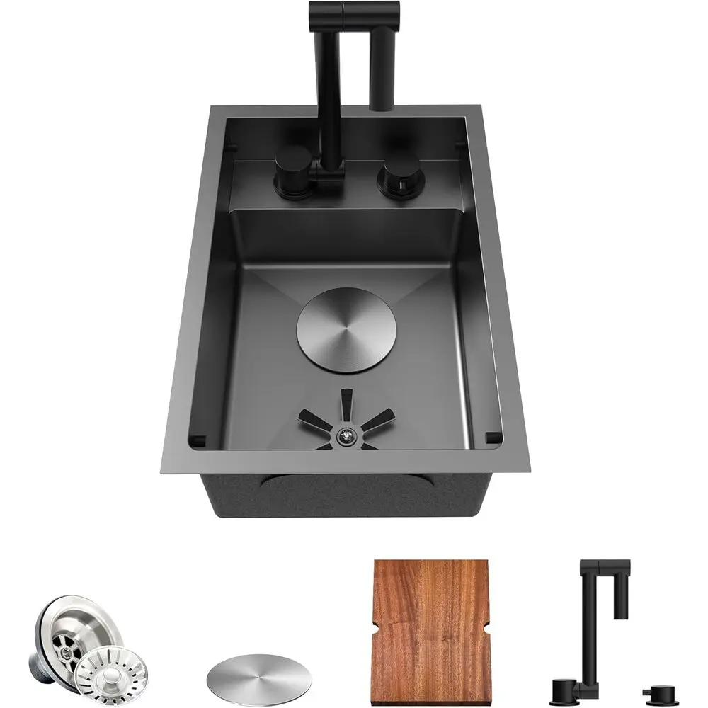 

12 x 17 Inch Undermount Bar Sink, Premium Stainless Steel RV Kitchen Sink with Hidden Faucet and Cup Rinser, Grey