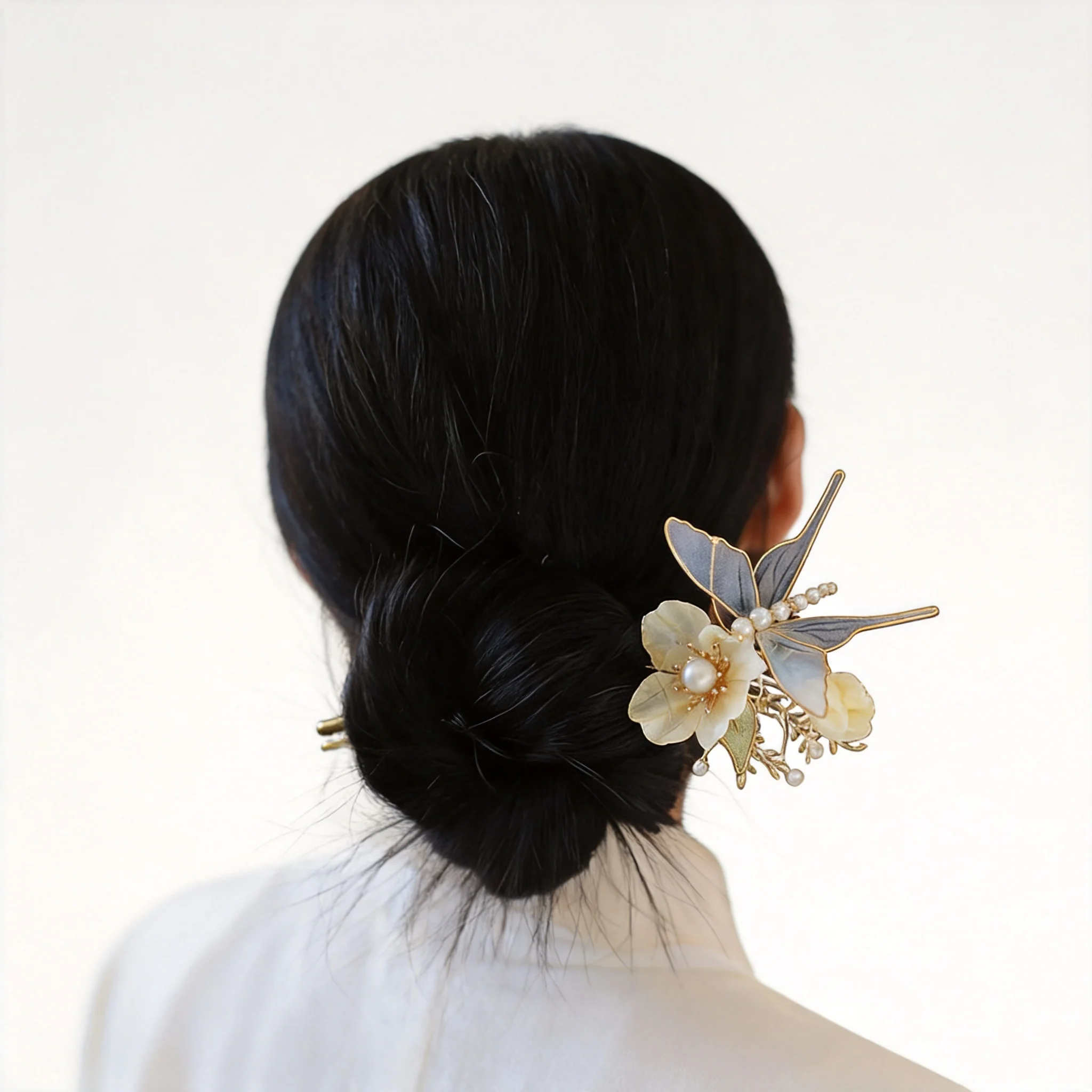 Chinese Style Lucky Blessing Butterfly Silk Flower Faux Pearl U Shaped Hairpin Traditional Classical Hair Stick Hanfu Cheongsam