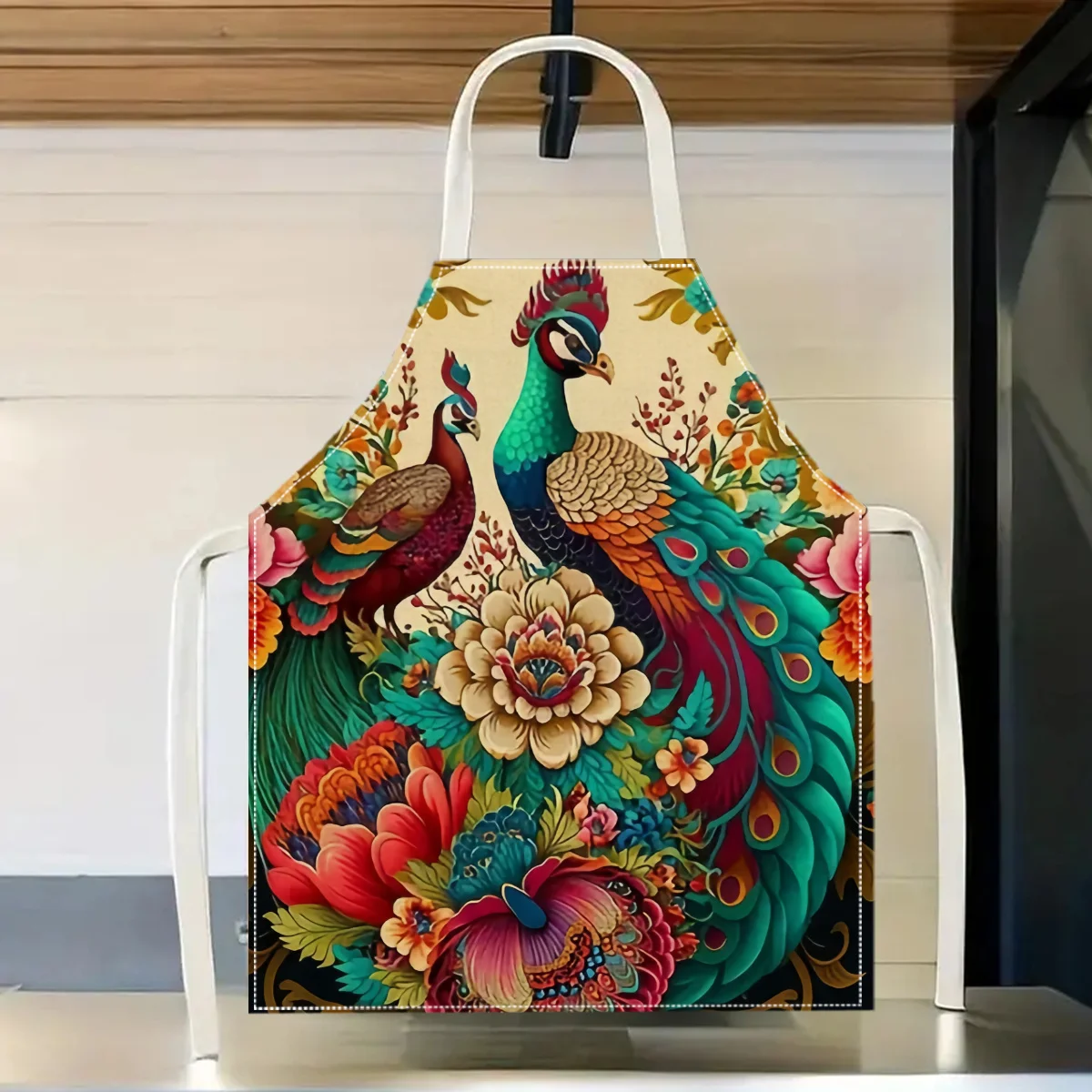 1pc Peacock Floral Apron Elegant Design Kitchen Cooking Baking Gift Idea For Home Cooking And Baking