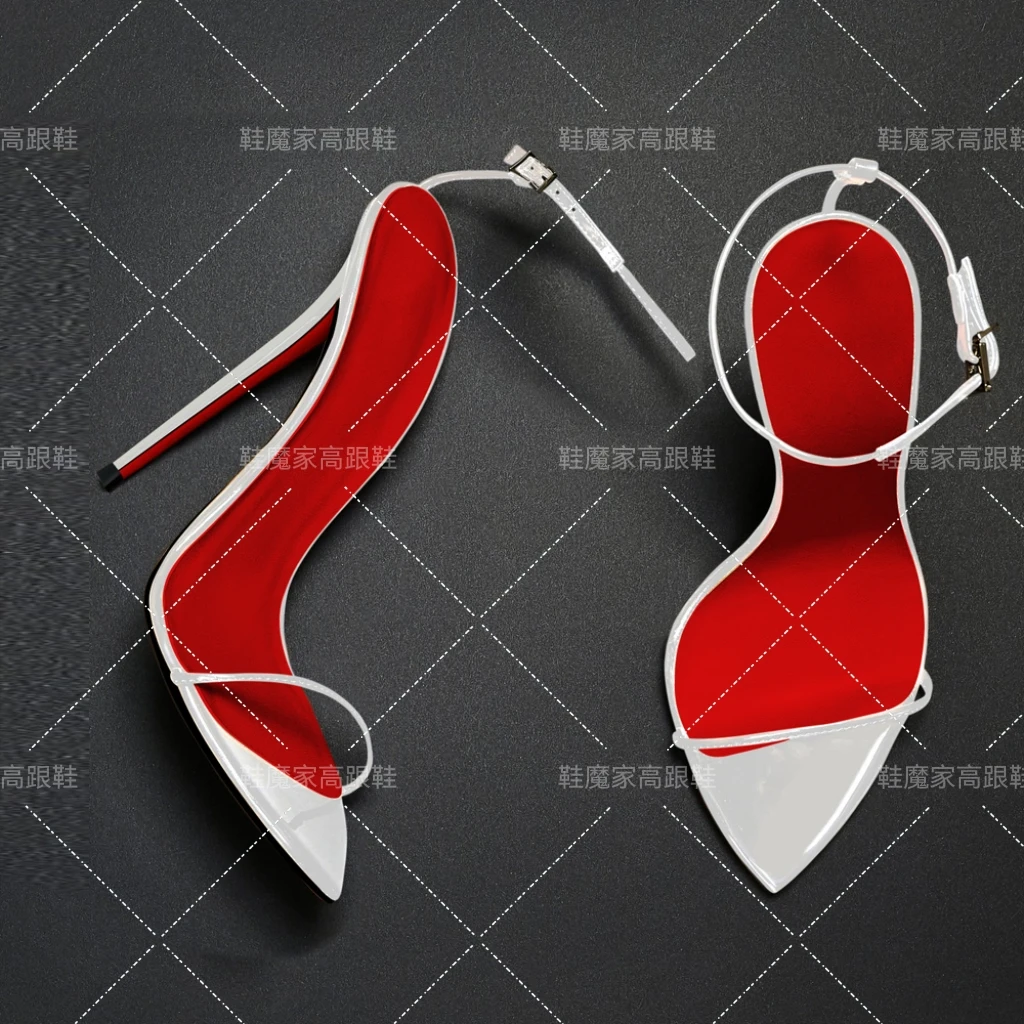 

2025 New Fashionable Style White Pointed Straight Buckle with Sexy High Heels, Large Sandals, Fashion Shoes
