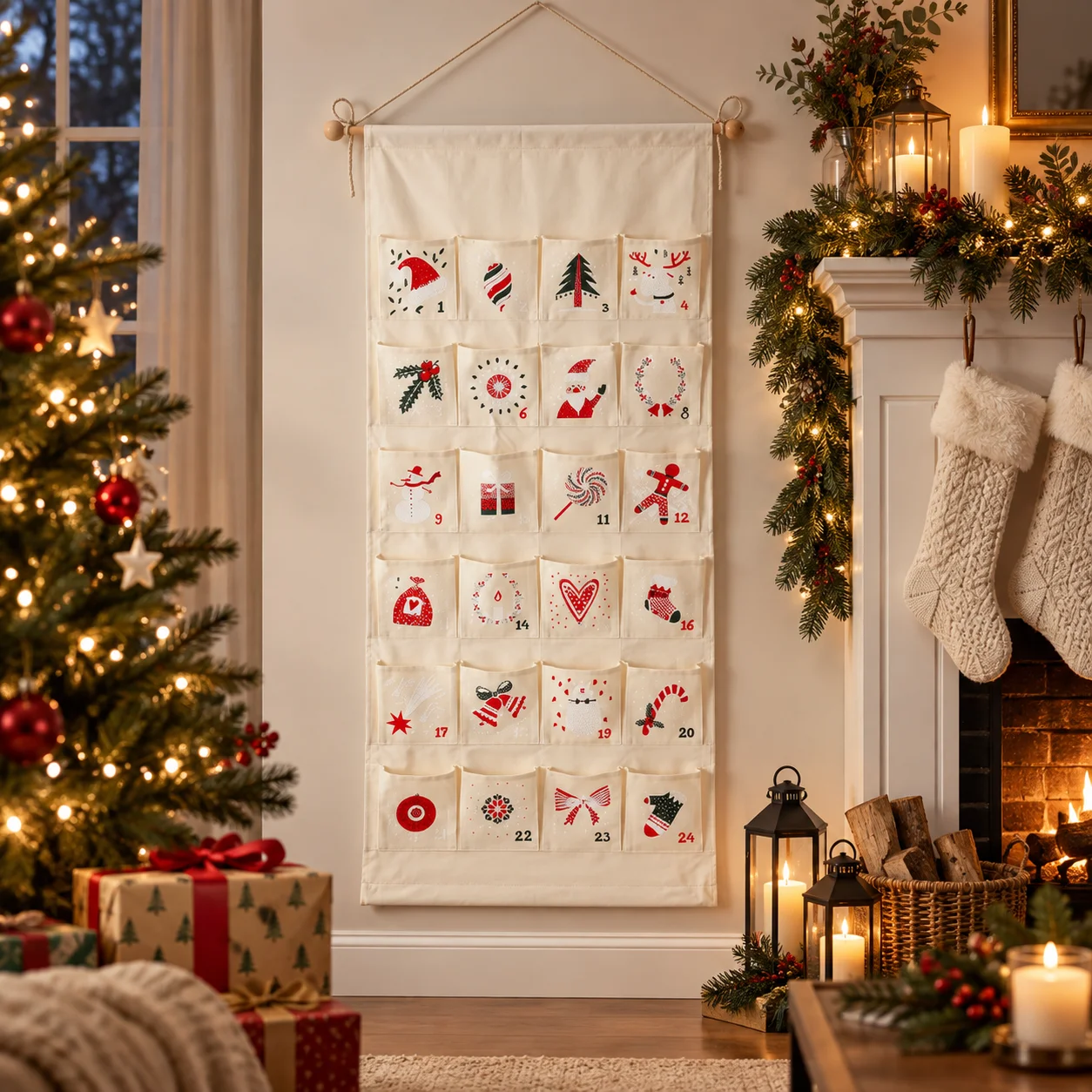 Custom Christmas Advent Calendar Personalized Name 24 Pocket Canvas Countdown Wall Organizer For Kids Family Home Christmas Gift
