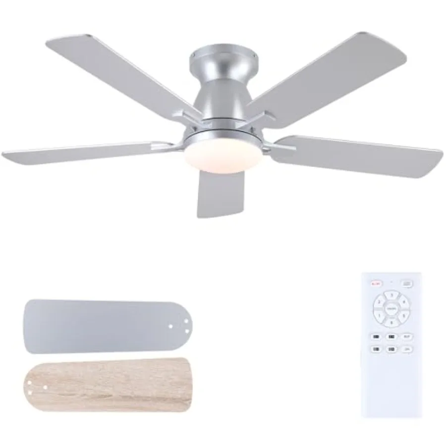 

Bedroom living room ceiling fan with light, silver metal, quiet DC motor, reversible, dimmable LED, 46-inch flush mount low pro