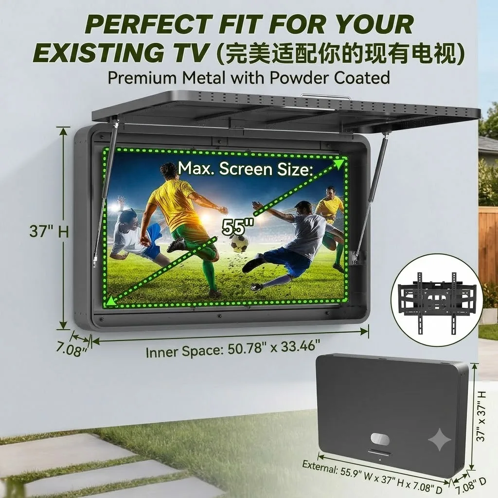 US Stock 55" Metal Outdoor TV Enclosure For Merry Christmas Gas Struts Weatherproof IP65 Shield Television Box Full Motion Pull-Out Bracket Included for Outside Patio 3-7 Days Fast Delivery - view 7
