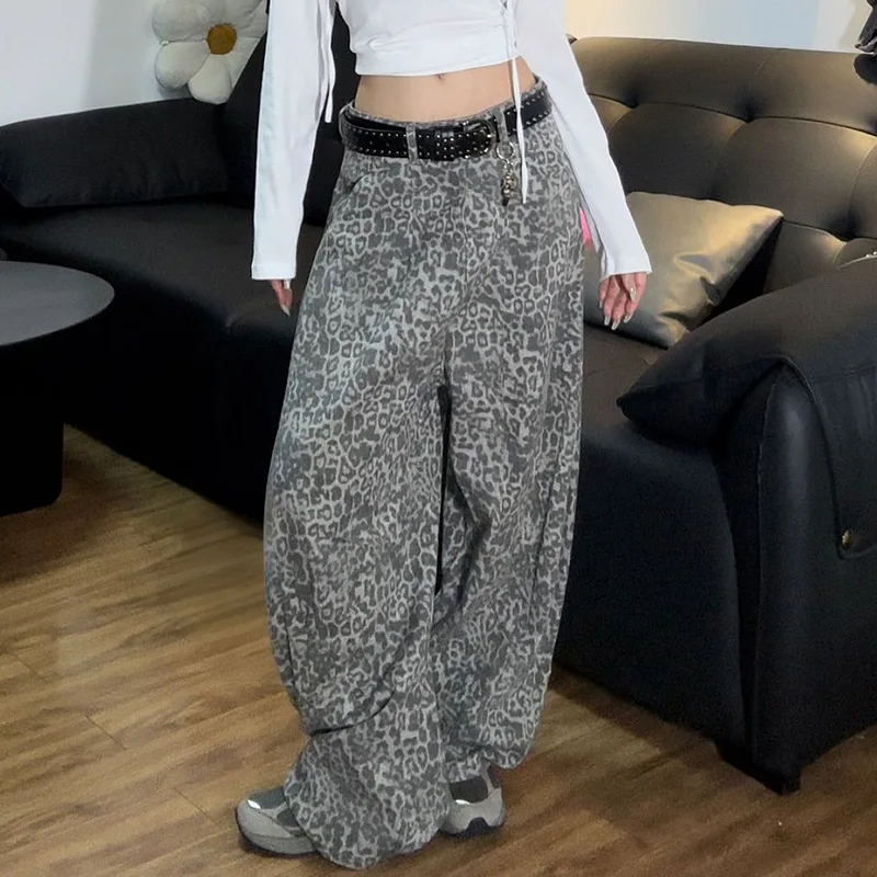 الخريف سيدة الشارع الشهير موضة سراويل جينز الفتيات Vintage ليوبارد طباعة منخفضة الخصر الجينز المرأة شيك فضفاض مستقيم الساق السراويل #4