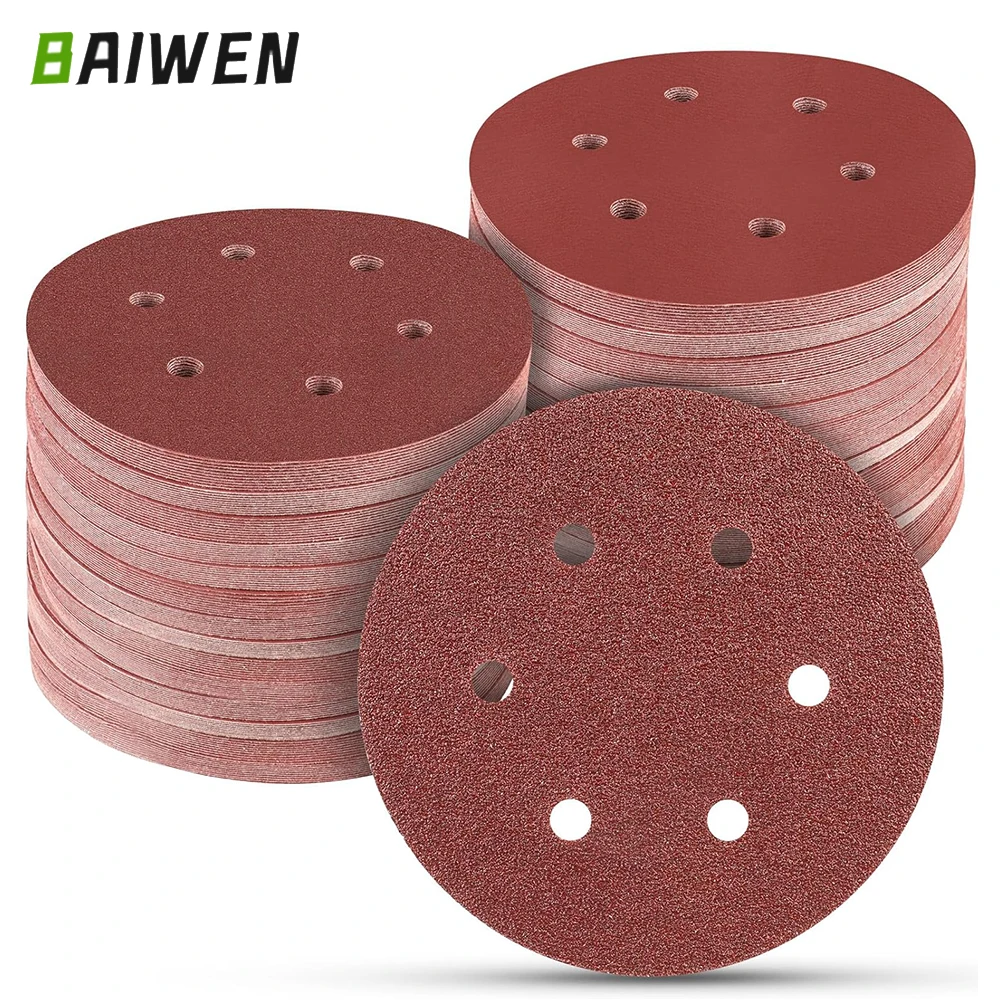 10/50pcs 6-Hole 125mm Sanding Discs Set Woodworking Metal Polishing Abrasive Tool 40-800 Grit Range for Grinding And Finishing