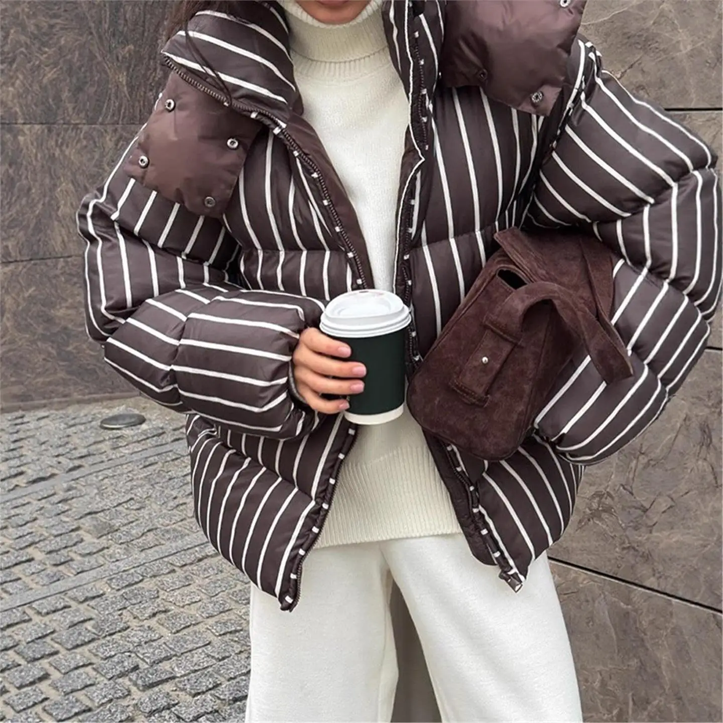 

Winter Women's Warm Hooded Stripe Collar Jaet Thiened Cotton Long Sve Online Exclusive Faion Outerwear