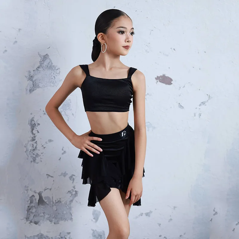 Sommer Latin Dance Kleidung Kind Cha Cha Rumba Leistung Tragen Mädchen Schwarz Tanz Anzug Training Outfit Praxis Top Rock Set 2429