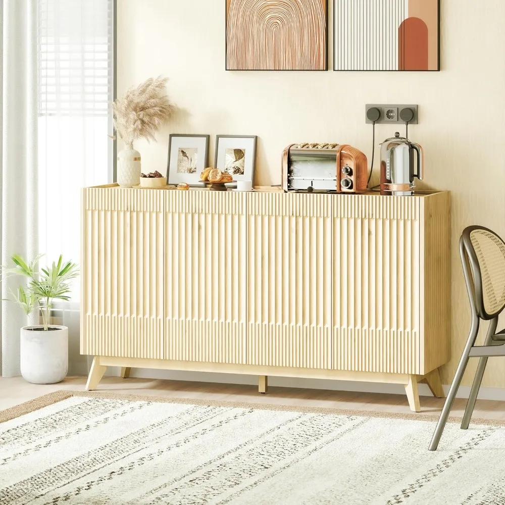 

60" Length Fluted Sideboard Buffet Cabinet with Storage, Modern Credenza Accent Cabinet with 4 Doors, Wood Console for Living Ro