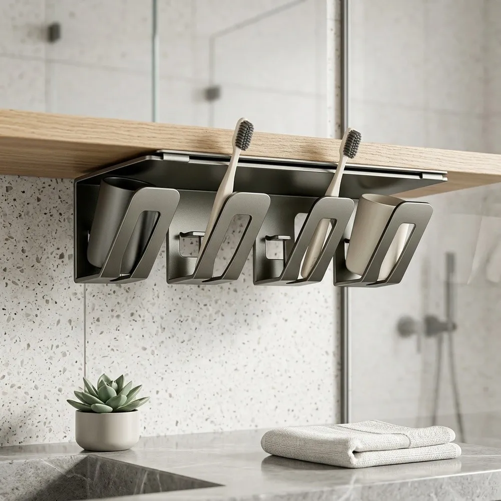 Metal Toothbrush Holder Wall Mount No Drill Installation Bathroom Organizer with Cup Rack for Multiple Brushes