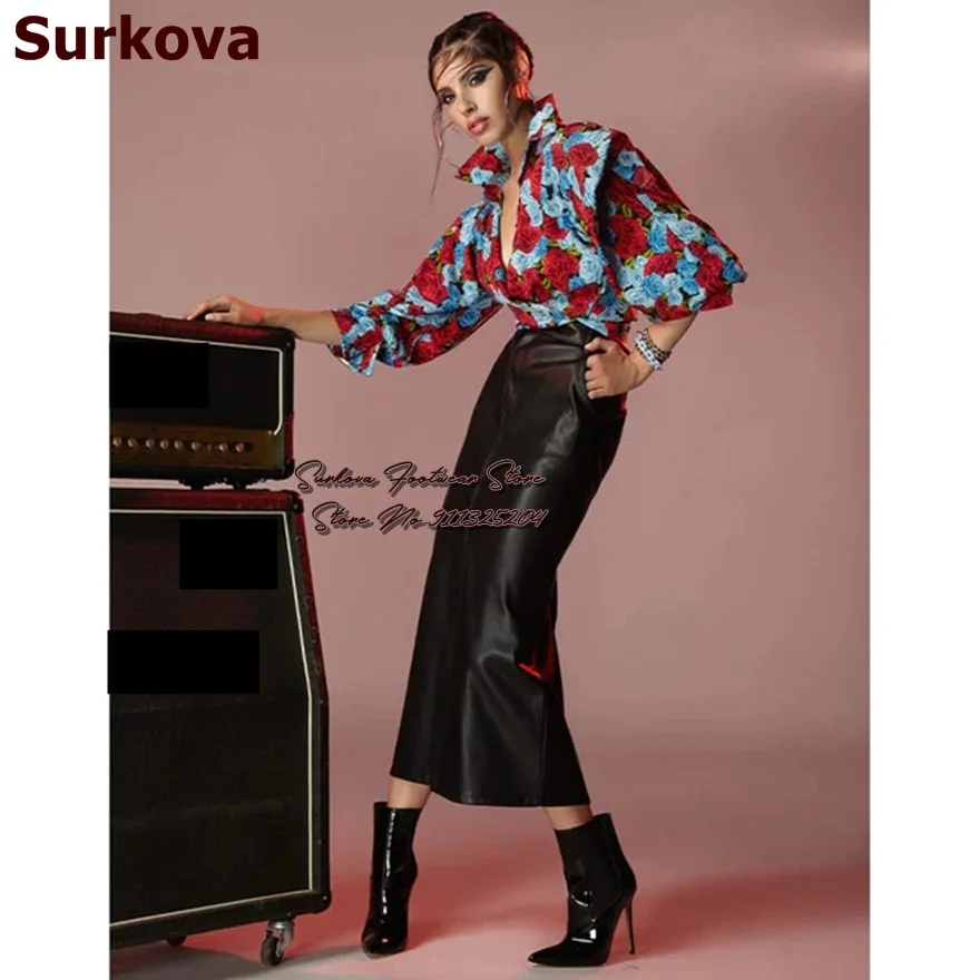 Surkova Burgundy Black Patent Leather Elastic Band Ankle Boots Stiletto Heel Pointed Toe Patchwork Dress Shoes Stretchy Booties