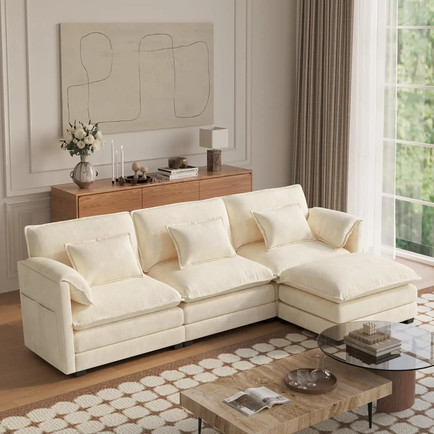 

112 inch segmented sofa, L-shaped modular sofa, double-layer cushion and movable Ottoman style sofa,