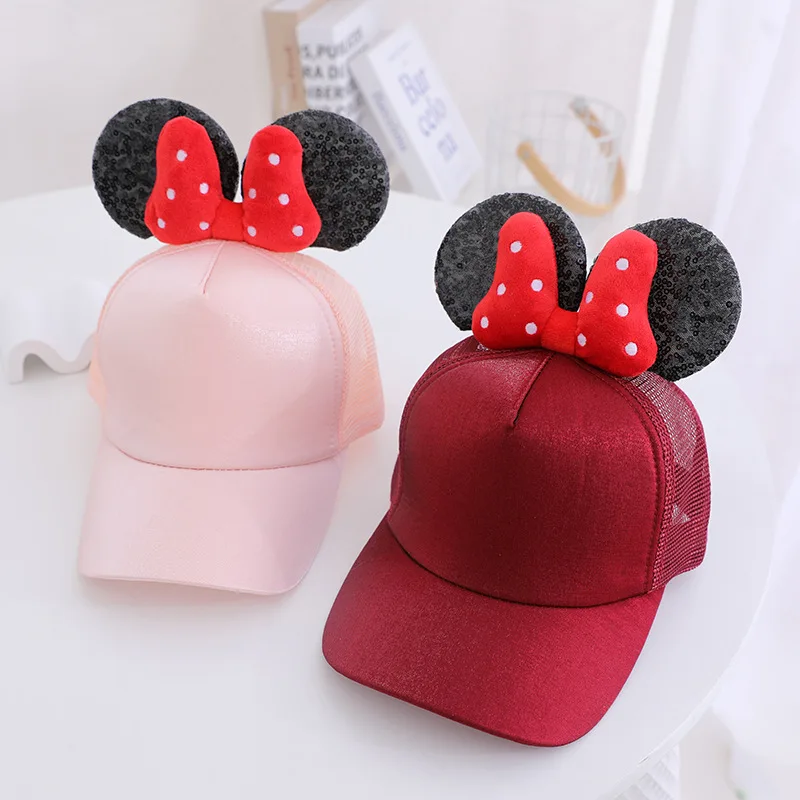 Disney Children Mesh Hat Cute Minnie Ear Bow Sunscreen Baseball Hats for Girls Summer Outdoor Sun Protection Visor Hat Gifts