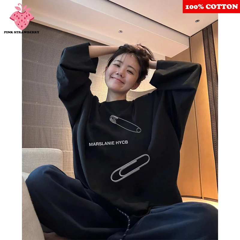 

American Retro Pin Print T-shirt Women Autumn 2025 New 100% Cotton Oversize Long sleeved Loose T-shirt Y2k Top Female clothing