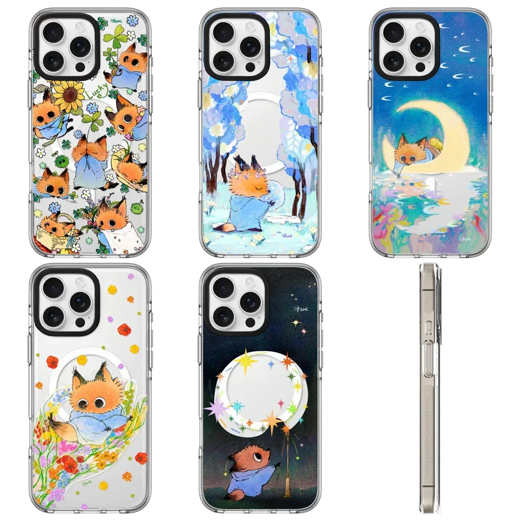 

Cute Fox Transparent Border Magnetic Phone Cases Cover for IPhone 16 15 14 13 Pro Max Cases