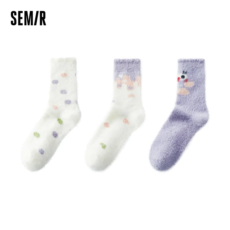 Semir Socks Women Cute Cartoon Fluffy Home Sleeping Floor Socks Antibacterial Warm Mid-calf Socks 3-pair Set