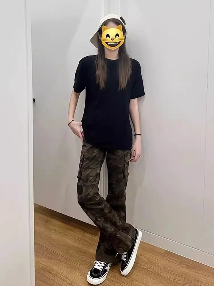 

Cleanfit Camouflage Jeans Men's Workwear Straight Leg High Street Slim Fit Flared Pants mid High Waist Zipper Closure Summer