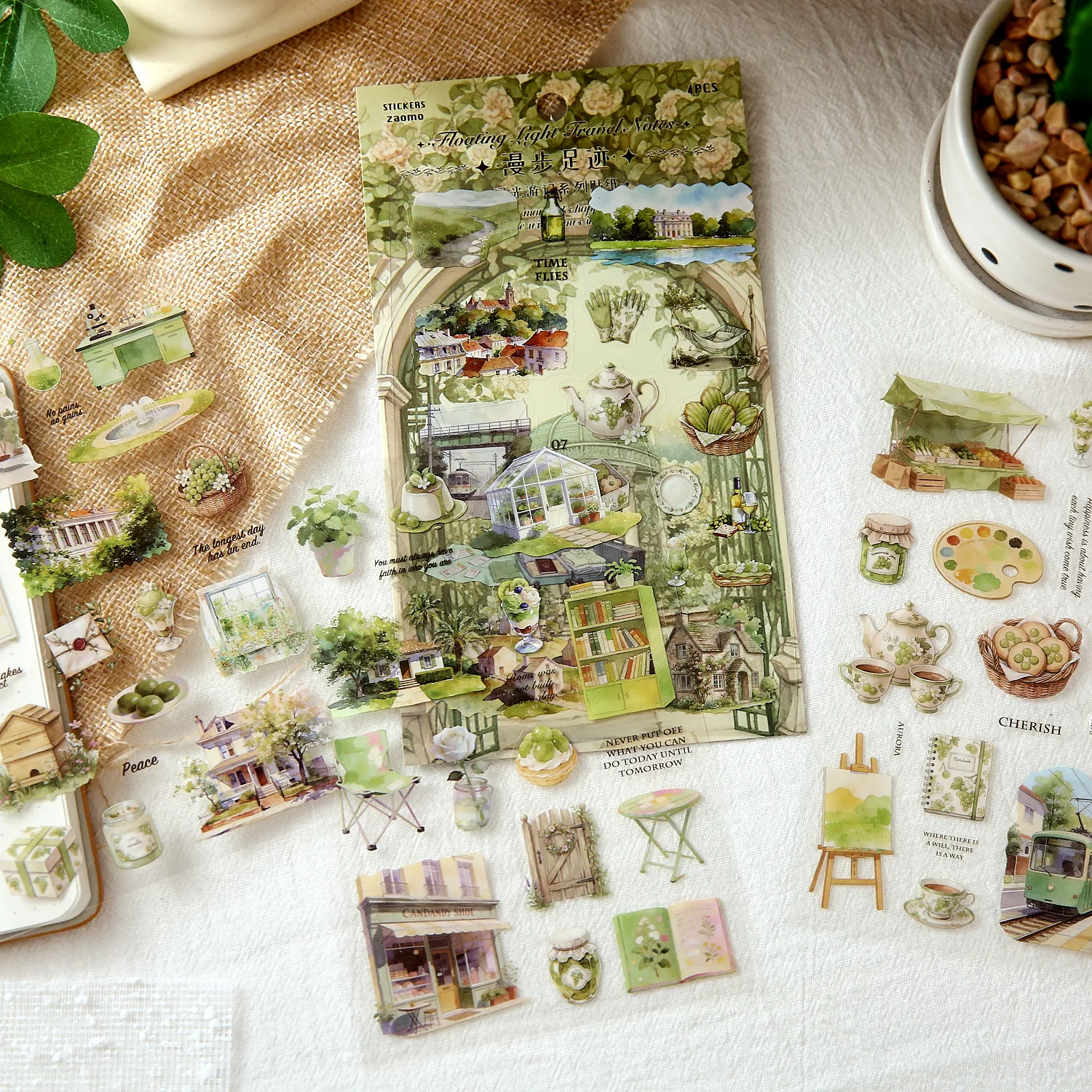 4sheets Floating Light Travel Series Kawaii Ins Strolling Scenery PET Die cut Stickers DIY Diary Scrapbook Stationery Stickers