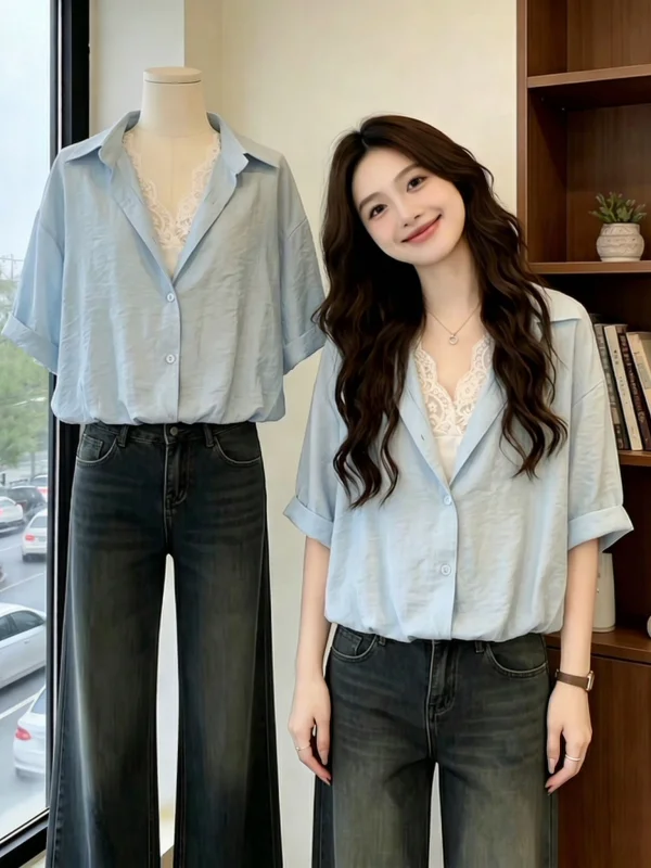 

Summer New plus Size Women's Shirt Irregular Short Sleeve V-Neck Korean Style Commute Wind Loose Fit Lace Fabric Big MM