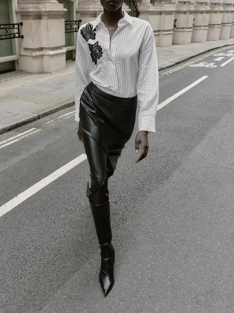 European style new women's fashionable and versatile elegant collared long-sleeved striped floral lace shirt