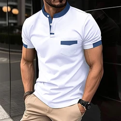 Camisa Henry de manga corta de color sólido con cuello levantado para hombre, POLO con bolsillo en el pecho para entretenimiento de ocio, 2024