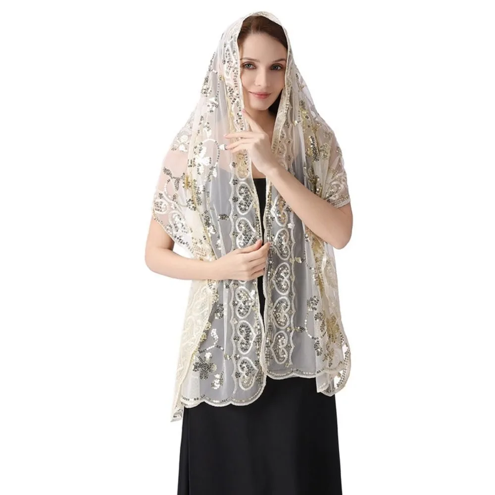 

Sheer Embroidery Sequins Shawls Hollow Out Multicolor Belly Dancing Scarf Tulle Dance Accessories Evening Dress Scarf Bride