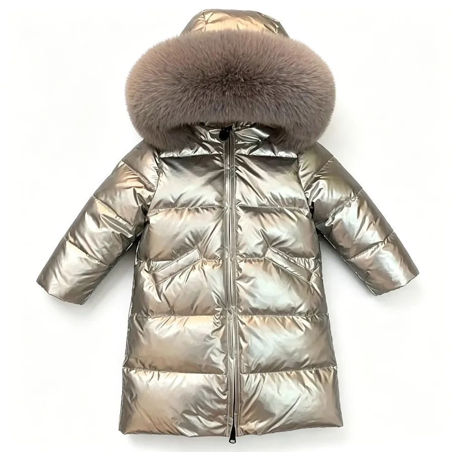 Kids Shiny Metallic Silver Down Coat Big Faux Fur Hood Long Winter Parka Boys Girls Warm Thick Outerwear Snow Jacket Ws1245