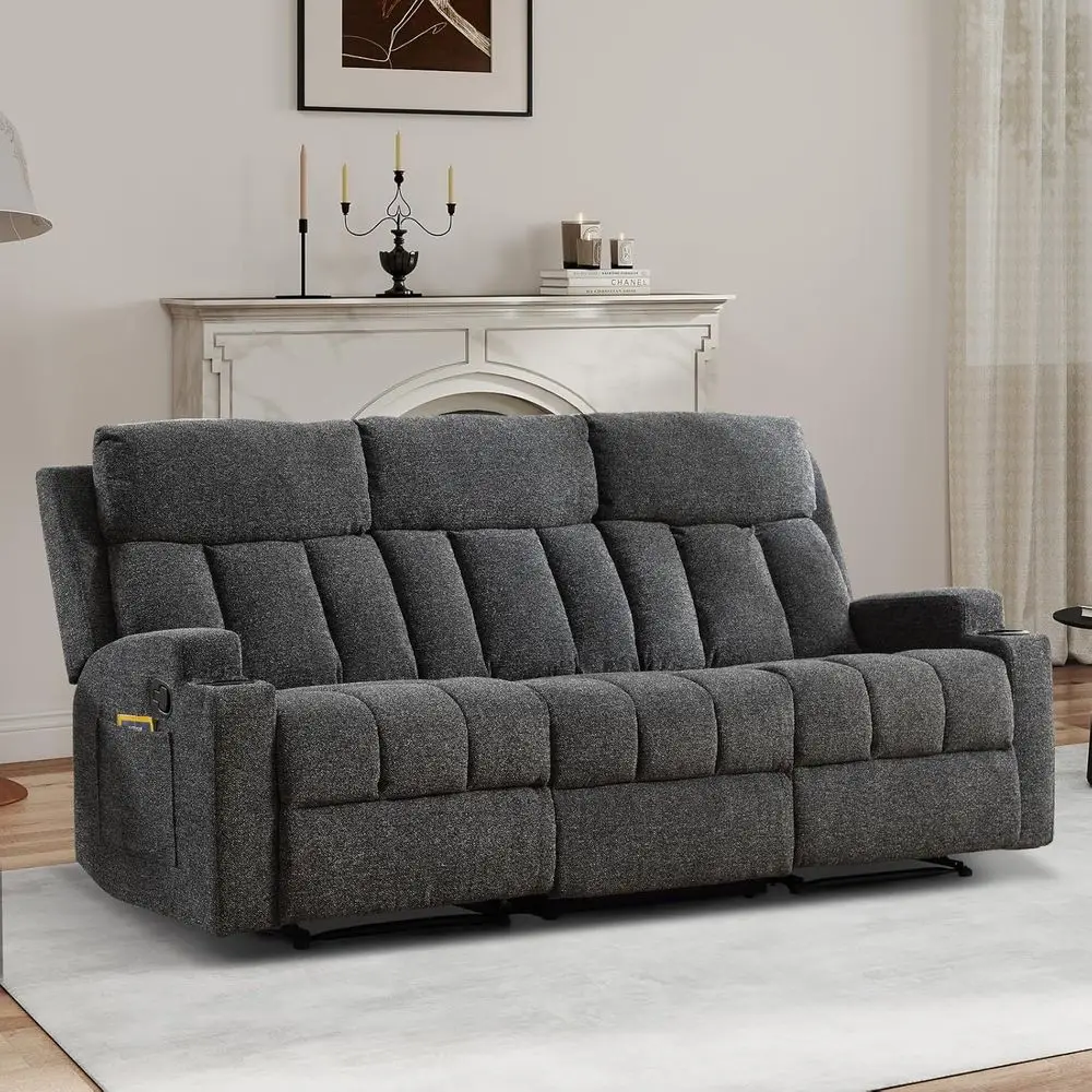 

3-Seat Reclining Sofa Set with Side Pockets and Cup Holders, Adjustable Footrest, Living Room/Home Theater, Grey