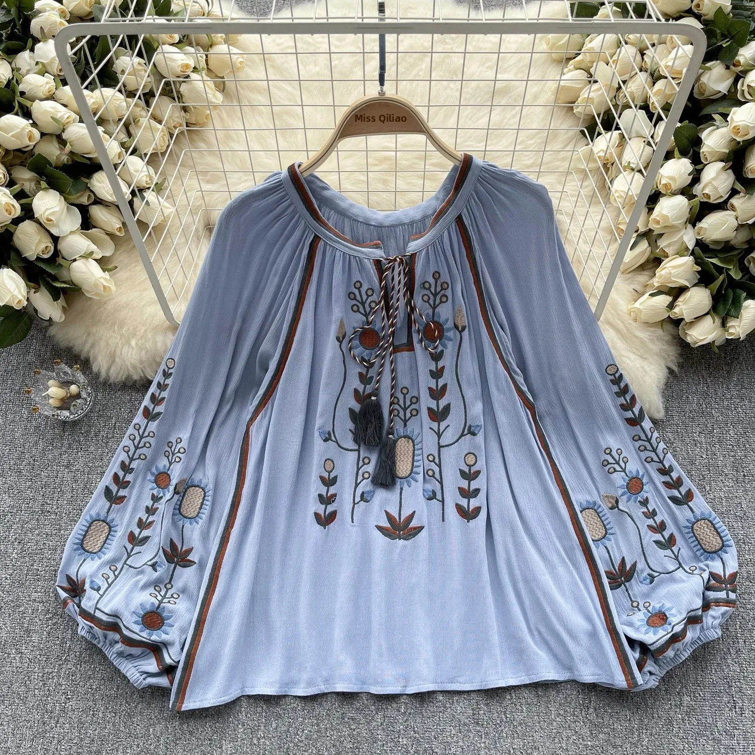 

n Sle Lantern Sve irt Women's Summer Embroidery Loose Meat Concealing Luxury Retro Ethnic Top Korean Sle Long...