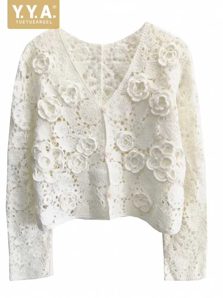 

2025 New Style Summer Fashion Women Easy Matching Knitted Shirts Thin V-Neck Hollow Out Crochet Flower Sweet Short Cardigan Tops