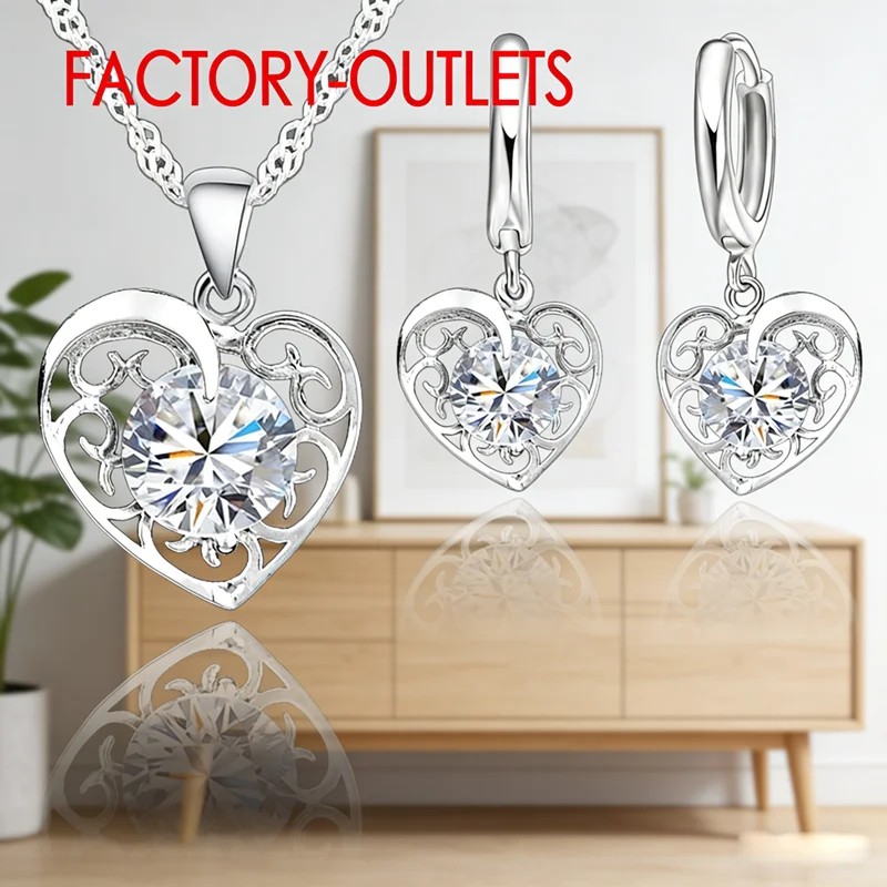 Fashion Jewelry Set 925 Sterling Silver CZ Crystal Heart Design Female Party Engagement  Wholesale All Compatible