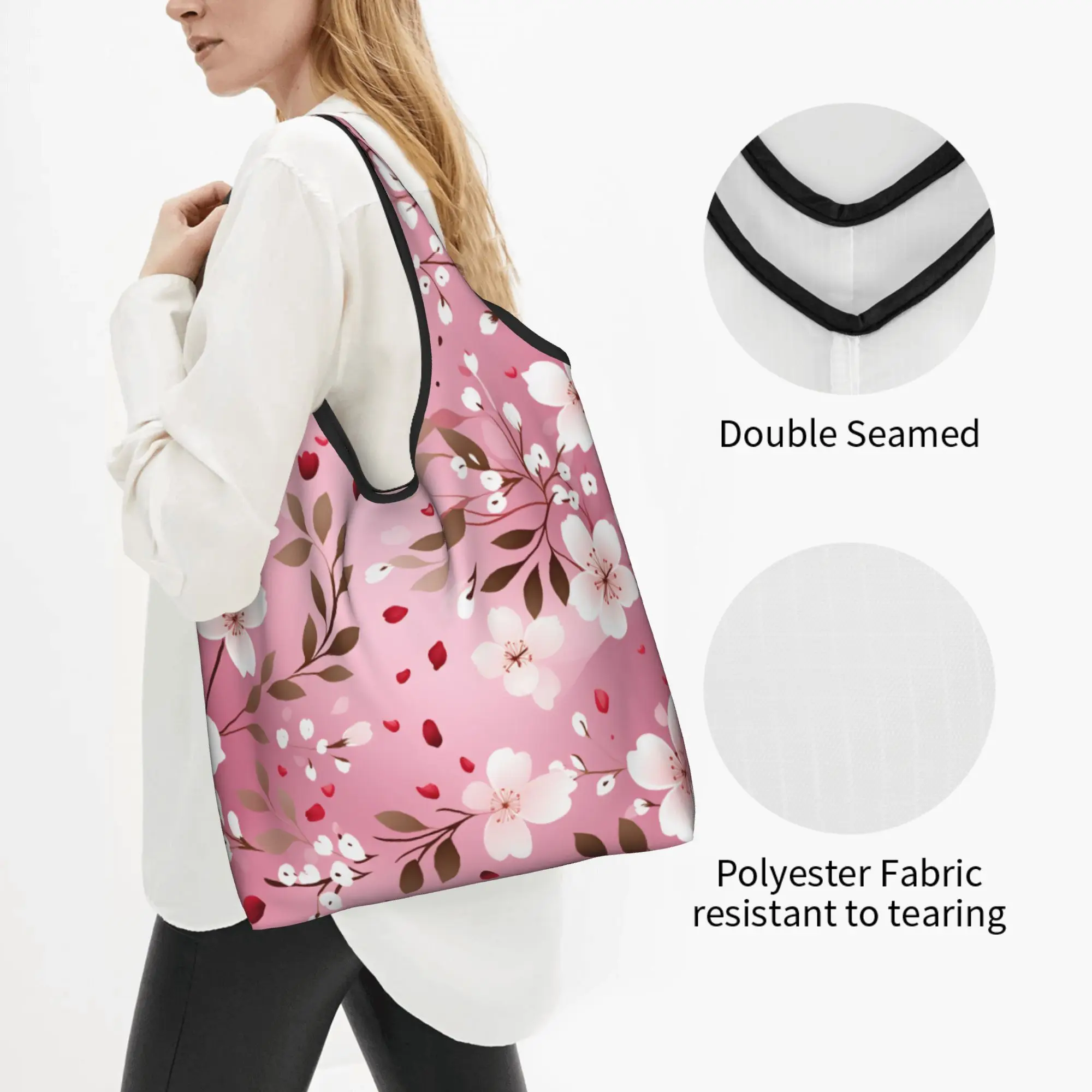 Japane Flowers Cherry Blossom  Grocery Shopping Tote Bags Cute White Flowers on Pink  Shopper Shoulder Bags Big Capacity Handbag