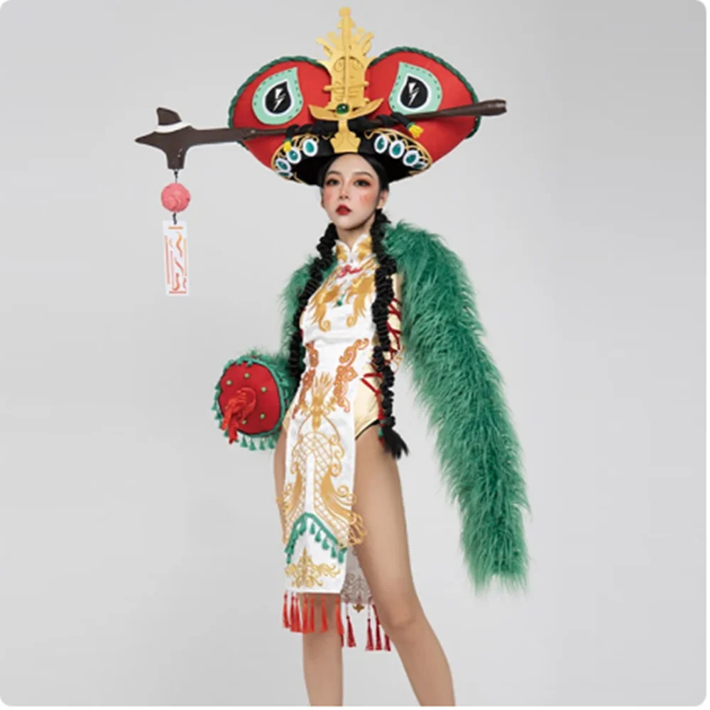 Sexy Cheongsam Chinese Style Bodysuit Dress Green Fur Coat Drag Queen Costume Nightclub Gogo Dance Clothes Rave Outfit