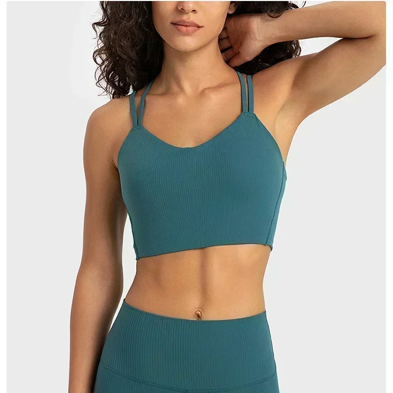

Lemon Wome Fixed Cup Like a Cloud Ribbed Bra Fitness Workout Crop Top Strappy V Neck Light Support Smooth Women Sport Yoga Bras