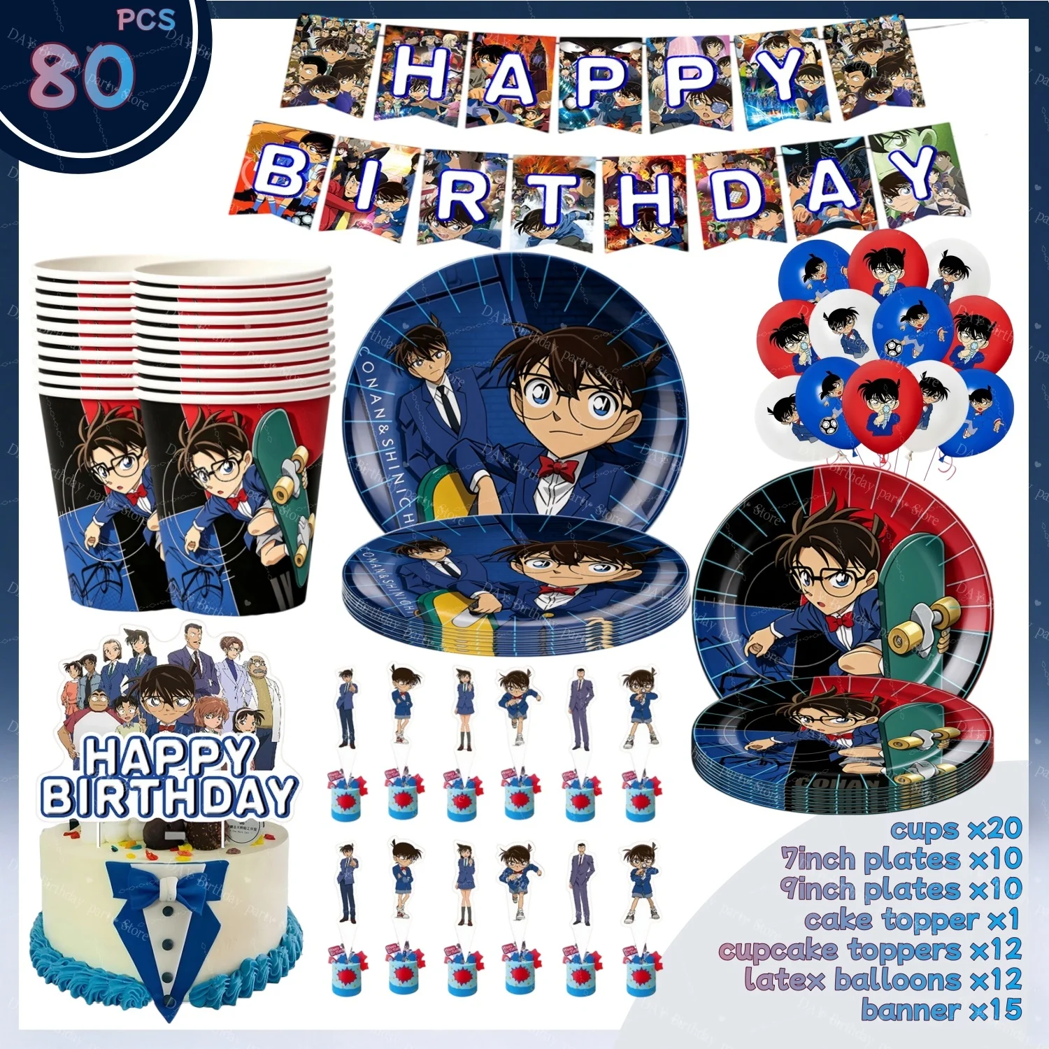 Detective Conan Birthday Party Decorations Paper Plates Cups  Banner Balloons Cake Topper Anime Theme Party Decor for Kids Boys