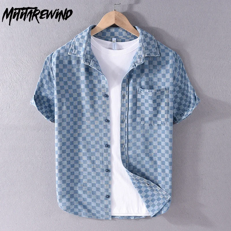 

Летняя джинсовая рубашка с коротким рукавом, мужская уличная одежда, джинсовые топы из чистого хлопка, тонкая повседневная клетчатая рубашка с лацканами и карманами, молодежная модная одежда