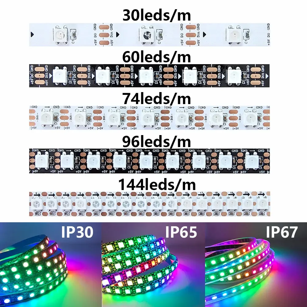 

DC5V WS2812 WS2812B Led Strip Black White PCB 30/60/74/96/144leds/m RGB Individually Addressable Pixel Led Light IP30 IP65 IP67