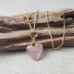 FUWO Wholesale Natural Rose Quartzs Necklace,Love Heart Shaped Pink Crystal With 17