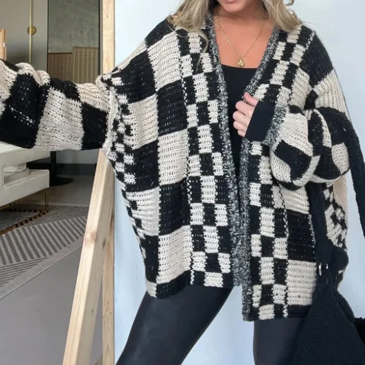 Fashion Women Checkerboard Knit Cardigan Open Front Long Lantern Sleeve Loose Fall Winter Casual Daily Street Outfit Outerwear