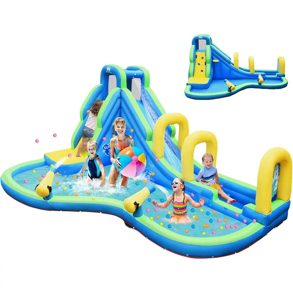 Iatable waterglijbaan, 5-in-1 waterpark kasteel springkasteel met waterkanen, lange glijbaan met boog, binnen buiten opblazen
