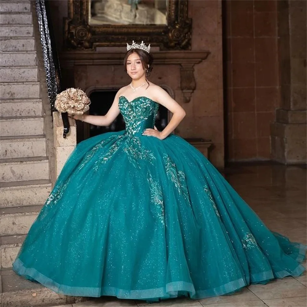 

ANGELSBRIDEP Emerald Green Quinceanera Dresses Sweetheart Beaded Lace Appliques Floor Mexican 15 Year Old Birthday Pageant Gowns