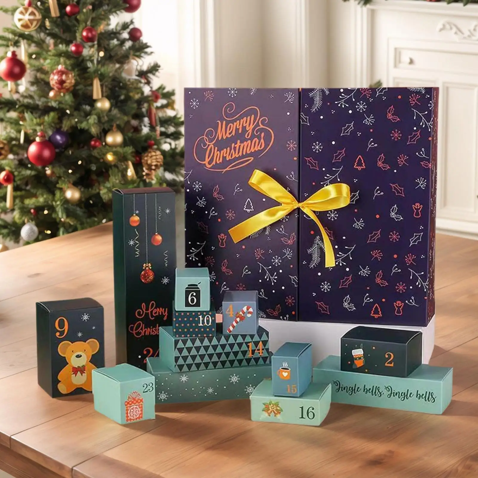 Calendario de Adviento de Navidad recargable, caja decorativa plegable de 24 días, chimenea de Chocolate, mesa, ventana, sala de estar, exhibición de boda