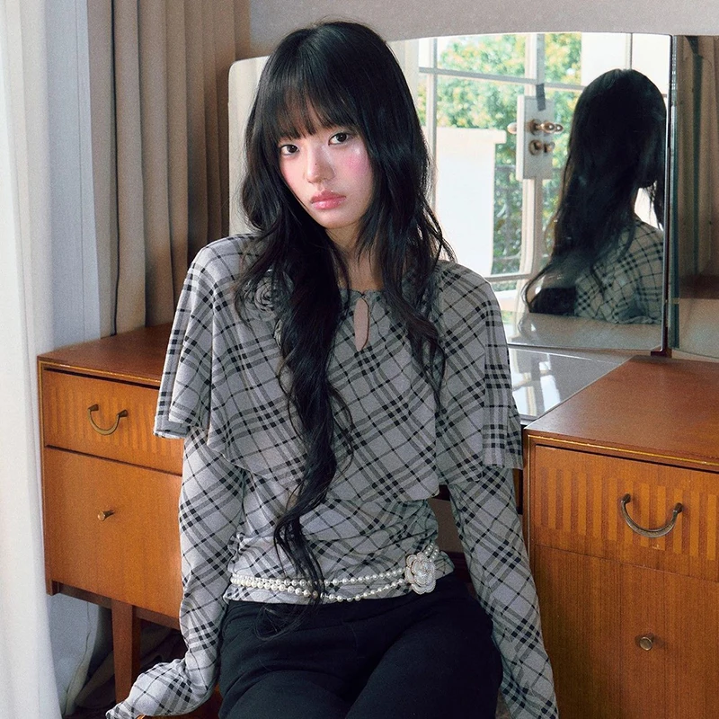 Vintage Plaid T Shirts Women Harajuku Cloak Patchwork Tops Streetwear Long Sleeve Tees Autumn Ladies Korean Slim Design Clothes