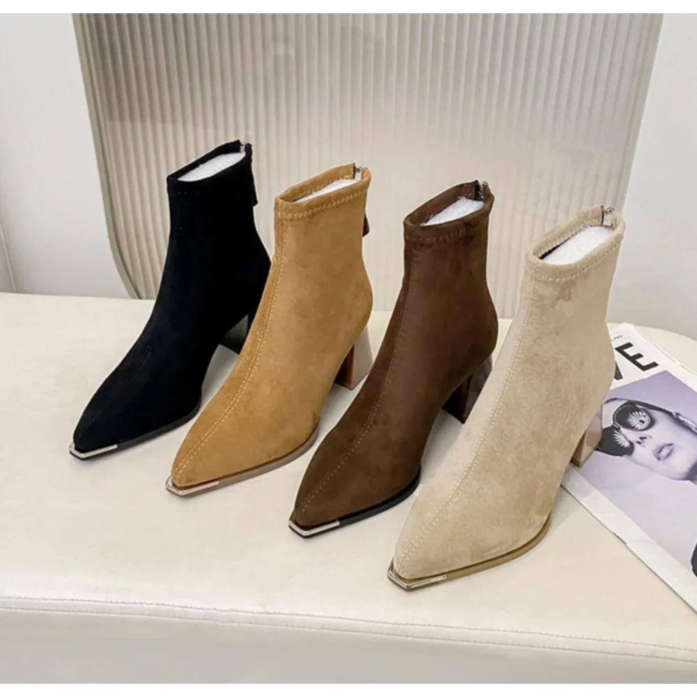 

Designer Winter Women Thick Heel Ankle Boots Fashion Pointed Toe Mordern Short Booties Street Style Party Stripper Female Shoes