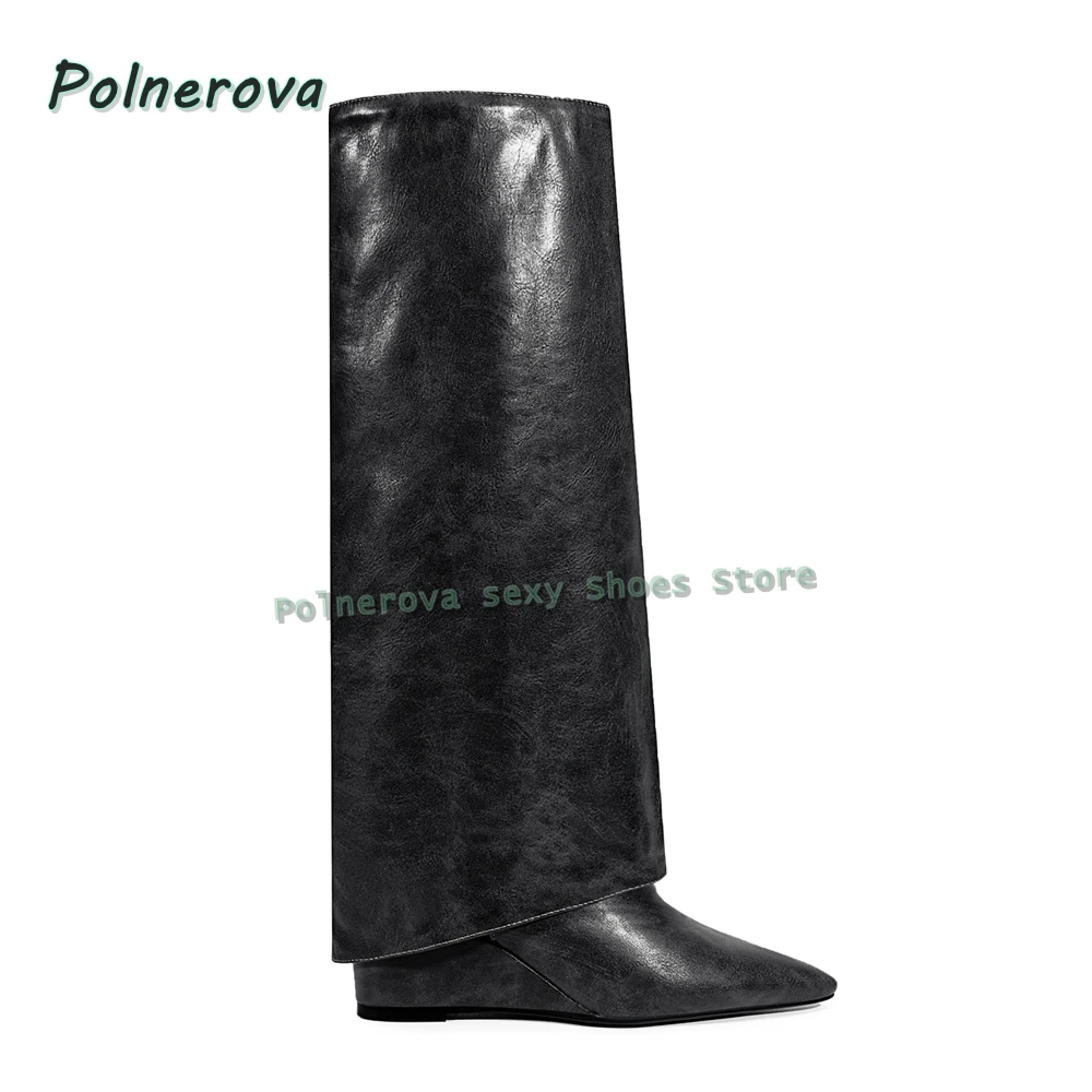 Black Wedge Elegant Sleeve Boots Pointed Toe Solid Spicy Girl Women Knee High Boots Street Style 2025 Long Boots Winter Trend