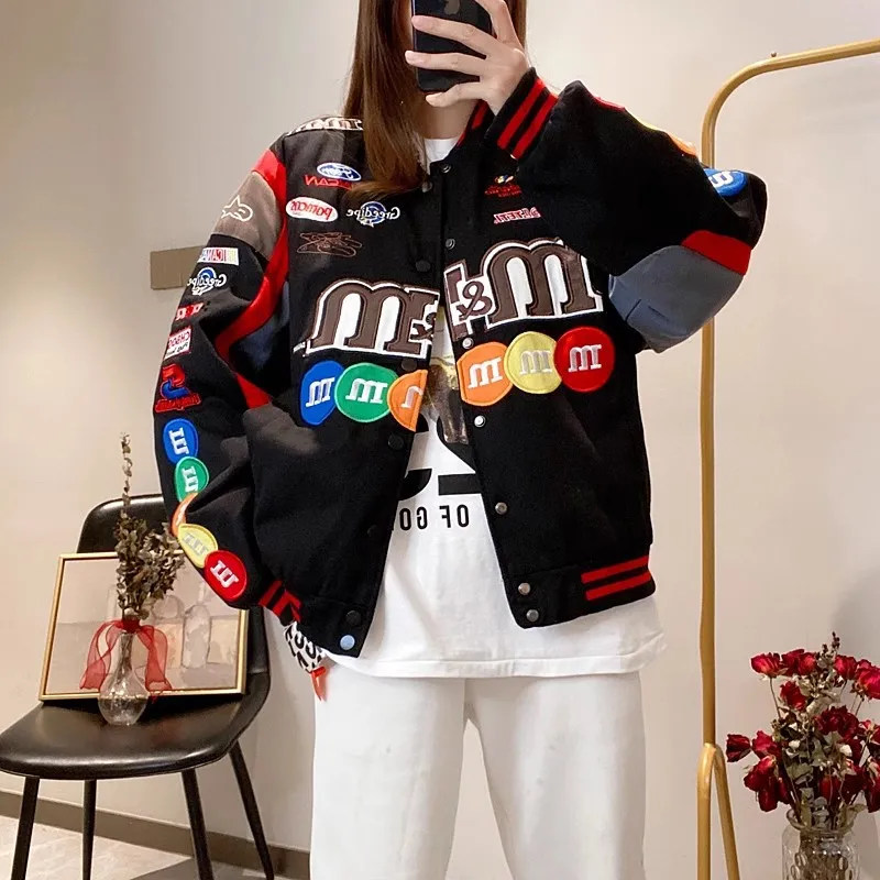 Unisex Bombers Jacket Women Spring Autumn Hip Hop High Street Stand Collar Bomber Varsity Racing M Embroidery Baseball Coats